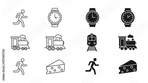 Collection of icons depicting various themes like time, transportation, and food