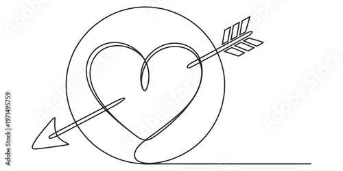 A single continuous line drawing of a heart shape pierced by an arrow inside a circular frame. Vector, illustration