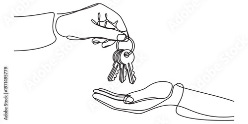 A minimal line art drawing showing one hand passing a bunch of keys to another open human hand Vector, illustration