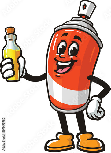 Cartoon mascot of spray paint holding oil