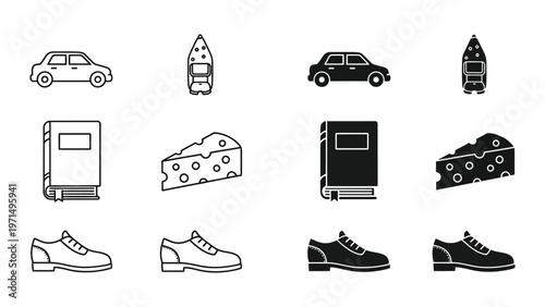 Contrasting pairs of everyday items in monochrome icon format