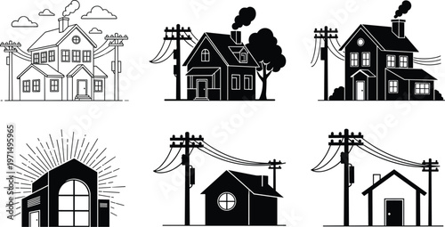 Residential houses silhouette illustration, architectural vector artwork, utility poles with wires, urban neighborhood design, energy infrastructure silhouette art