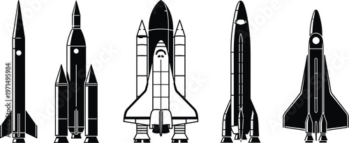 Rocket and space shuttle icon collection with spacecraft launch vehicle aerospace exploration artwork, black vector template set