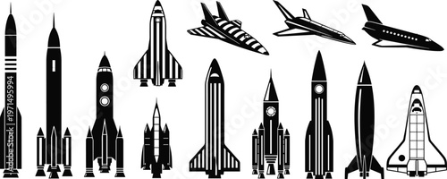 rocket collection vector, spacecraft set silhouette, space shuttle illustration, rocket launch vehicles, aerospace technology icons, space exploration vector set
