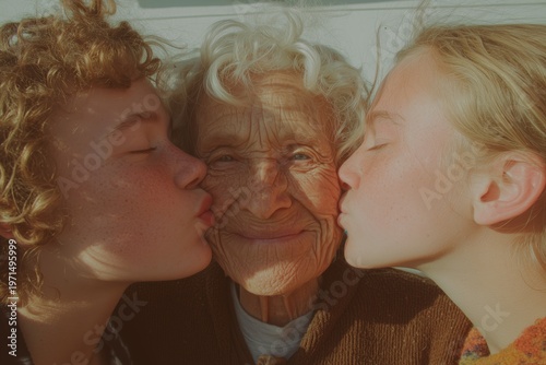 A joyful elderly woman enjoys affectionate kisses from her grandchildren, capturing a moment of family love and warmth.
