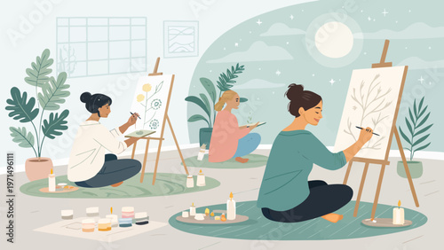 People painting calmly in art therapy session with easels and canvas