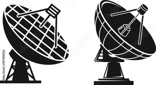 Satellite dish icons, communication antenna silhouettes, radio telescope vector, space communication equipment, satellite antenna icon set illustration