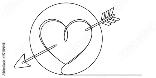 A single continuous line drawing of a heart shape pierced by an arrow inside a circular frame Vector, illustration