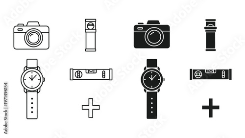 Combination of cameras, watches, and accessories in a minimalist style design