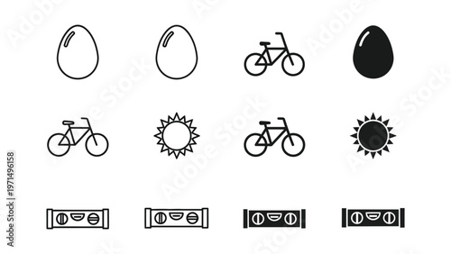Visual analogy puzzles involving eggs, bicycles, and suns with logical operators