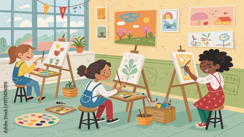 Diverse art students painting in a classroom with colorful artwork and natural light