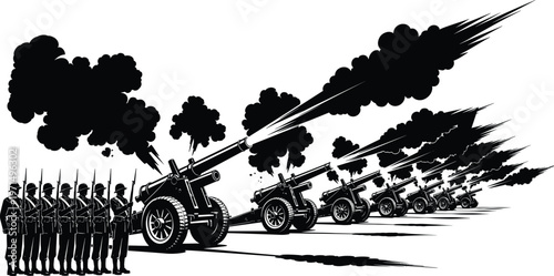 Soldiers formation silhouette illustration with artillery barrage cannons firing, military defense artwork, warfare design concept, black and white vector template set