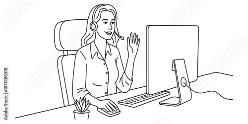 A line drawing illustration of a friendly customer service representative working at a computer Vector, illustration