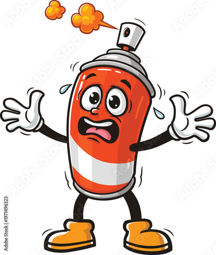 Cartoon spray paint mascot is panicking and shocked