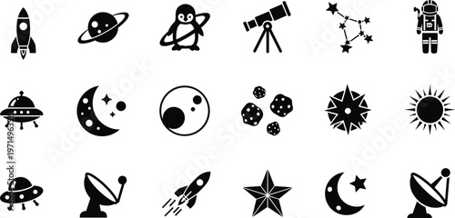 Space icons set, astronomy symbols collection, rocket planet astronaut telescope icons, space exploration vector icon set illustration