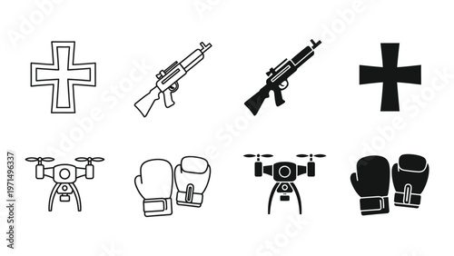 Contrasting symbols of peace, warfare, surveillance, and combat sports depicted in icons