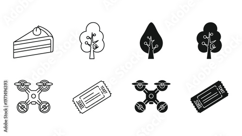 Playful icons of food, nature, vehicles, and drones in contrasting styles