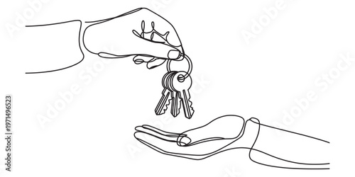A minimalist single line drawing of a person handing over a set of house keys to another person Vector, illustration