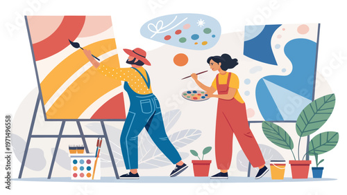 Two cartoon artists creating vibrant abstract art pieces in a studio with colorful paints and potted plants