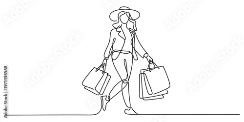 A single continuous line drawing of a fashionable woman carrying several shopping bags in hand Vector, illustration