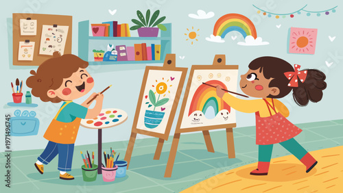 Two children painting colorful artwork on easels in a creative playroom with rainbow and flowers