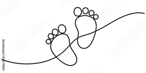 A continuous line drawing depicting a pair of small baby footprints on a clean white background Vector, illustration