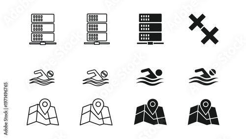Icons representing server statuses, swimming, and location mapping on maps