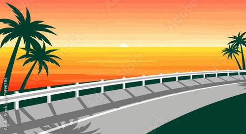 Tropical road, palm trees, sunset, vector illustration, scenic highway, beachside route