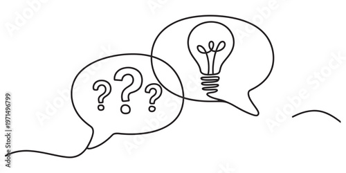 A minimalist line art illustration showing a question mark and a lightbulb in speech bubbles Vector, illustration
