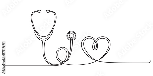 A single continuous line drawing featuring a medical stethoscope connected to a heart symbol shape Vector, illustration