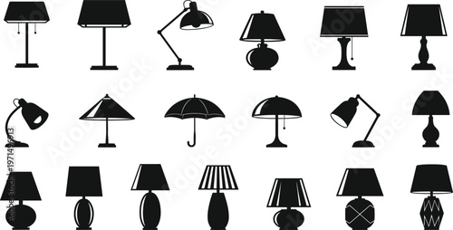 Table Lamp Silhouette Vector Set of Modern Desk Lights Furniture Icons and Interior Decor Elements for Home Office Lighting Design