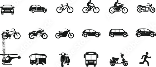 Transportation travel icon collection with car bus motorcycle bicycle scooter helicopter movement artwork, black vector template set