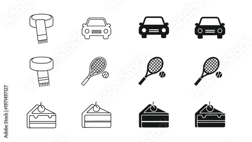 Collection of household tools, sports equipment, and vehicles depicted in simple icons