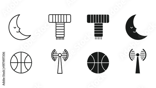 Creative icons combining celestial, sports, and telecommunication elements in a playful style