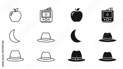 Contrast and similarity of icons featuring fruit, electronics, and headwear in black and white versions