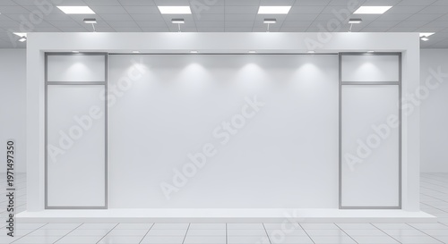 Modern empty white exhibition stand, a clean blank canvas with spotlights, perfect for custom branding, product displays, and effective event showcasing