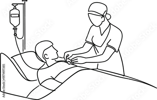 Single line art of nurse administering medicine to patient hospital care concept
