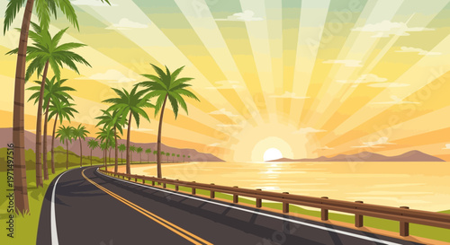 Tropical road, palm trees, sunset, beach, vector illustration