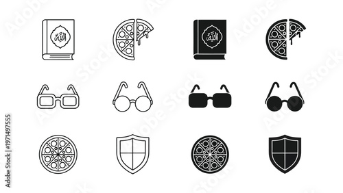 Collection of icons featuring books, pizzas, glasses, shields, and decorative pizza designs