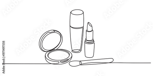 A single continuous line drawing of various makeup items including a powder compact and lipstick Vector, illustration