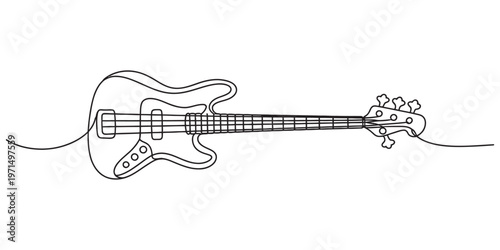 Minimalist continuous line drawing of an electric bass guitar on a plain white background surface. Vector, illustration