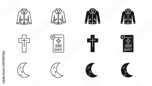 Variations of jackets, crosses, and moons in monochrome icon style