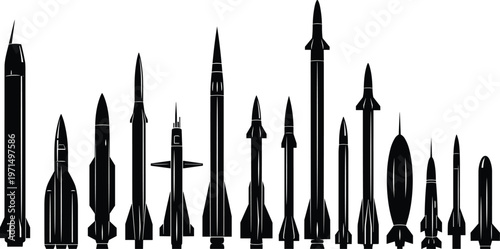 Vector Silhouette Collection of Diverse Military Missiles Rockets and Ballistic Projectiles for Defense Tactical Warfare and Aerospace Industry Design Projects