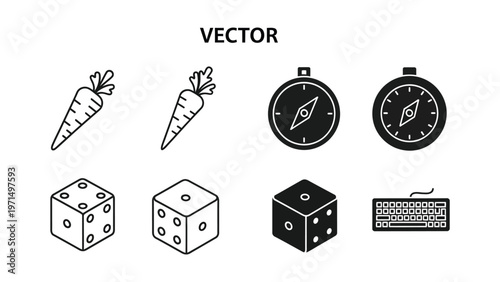 Collection of icons featuring carrot, compass, dice, and keyboard illustrations
