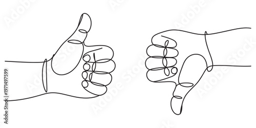 A continuous line drawing showing a hand with thumb up and a hand with thumb down side by side. Vector, illustration