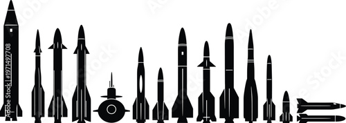 Vector Silhouette Collection of Various Military Missiles Rockets Ballistic Projectiles and Submarine for Defense Tactical Warfare and Aerospace Industry Design