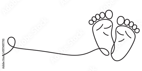 A minimalist single line drawing of two small baby feet representing the journey of childhood life Vector, illustration