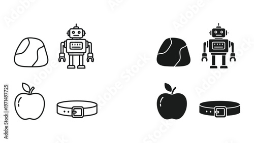Contrast between simple line art objects and their filled counterparts paired with robots