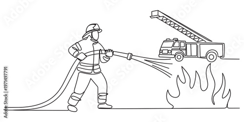 Continuous line drawing of a brave firefighter extinguishing a dangerous blaze with a water hose Vector, illustration
