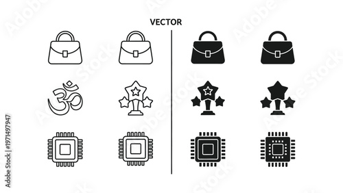 Visual comparison of outline and filled vector icons for different objects